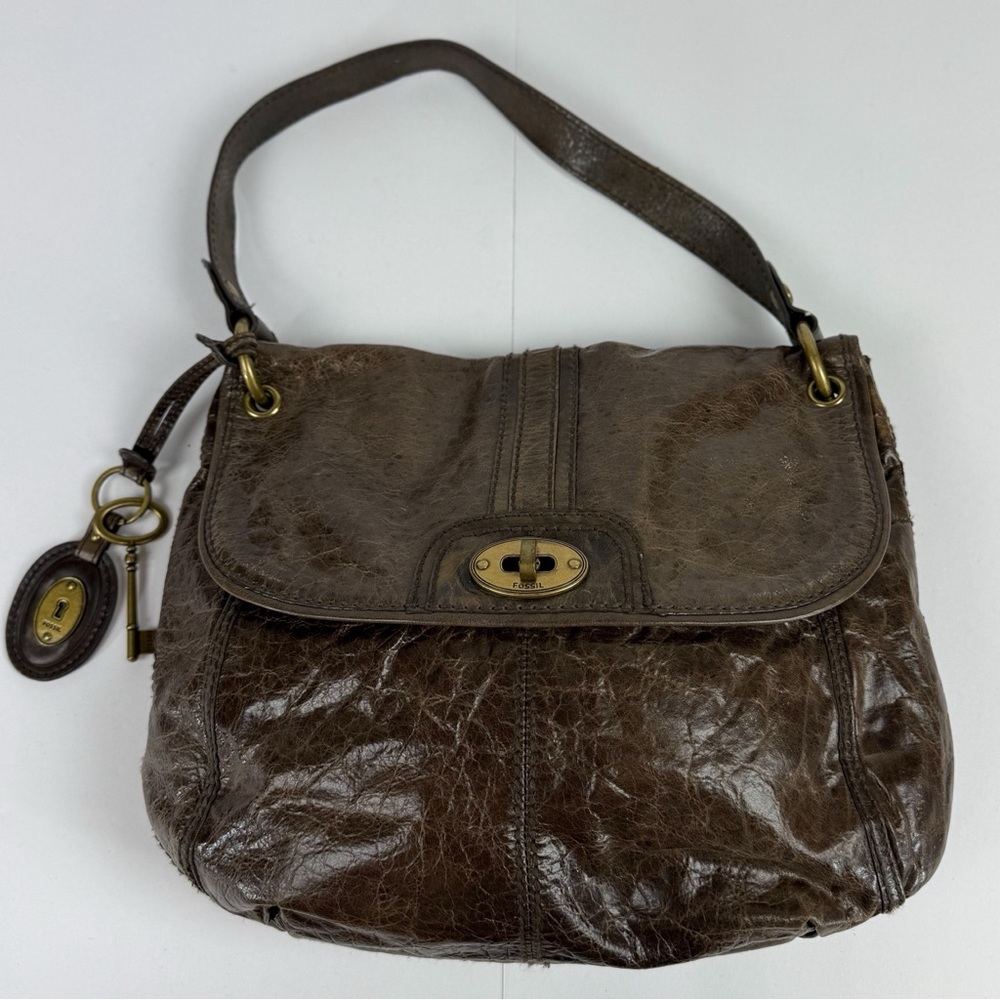 FOSSIL Leather Hobo Shoulder Bag Brown Leather Flap Turnlock - Picture 7 of 10
